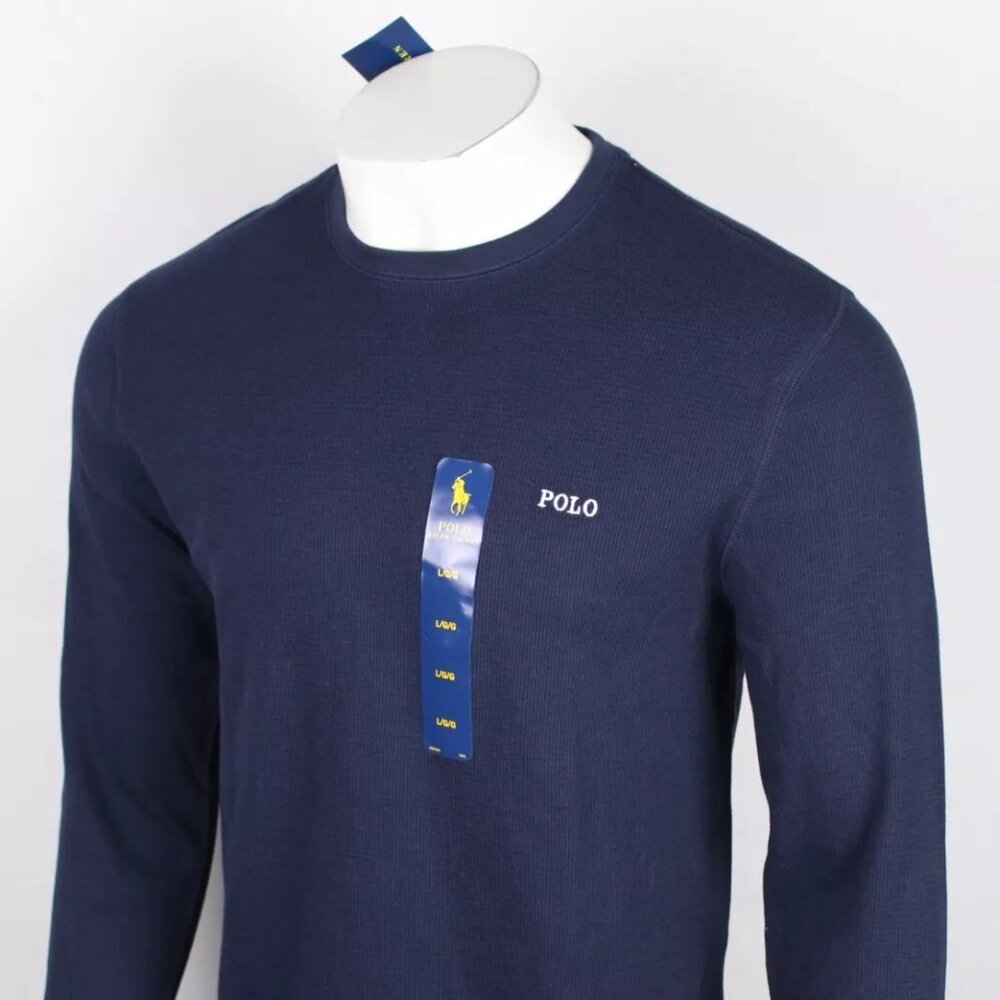 Polo Ralph Lauren Men's Shirt Waffle Long Sleeve Thermal Crew Navy White Pony